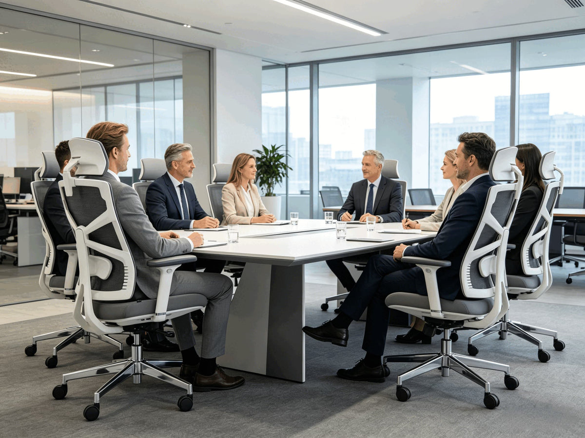 Executive team in high-rise boardroom meeting seated in HOLLUDLE Shaper white ergonomic chairs with city view background