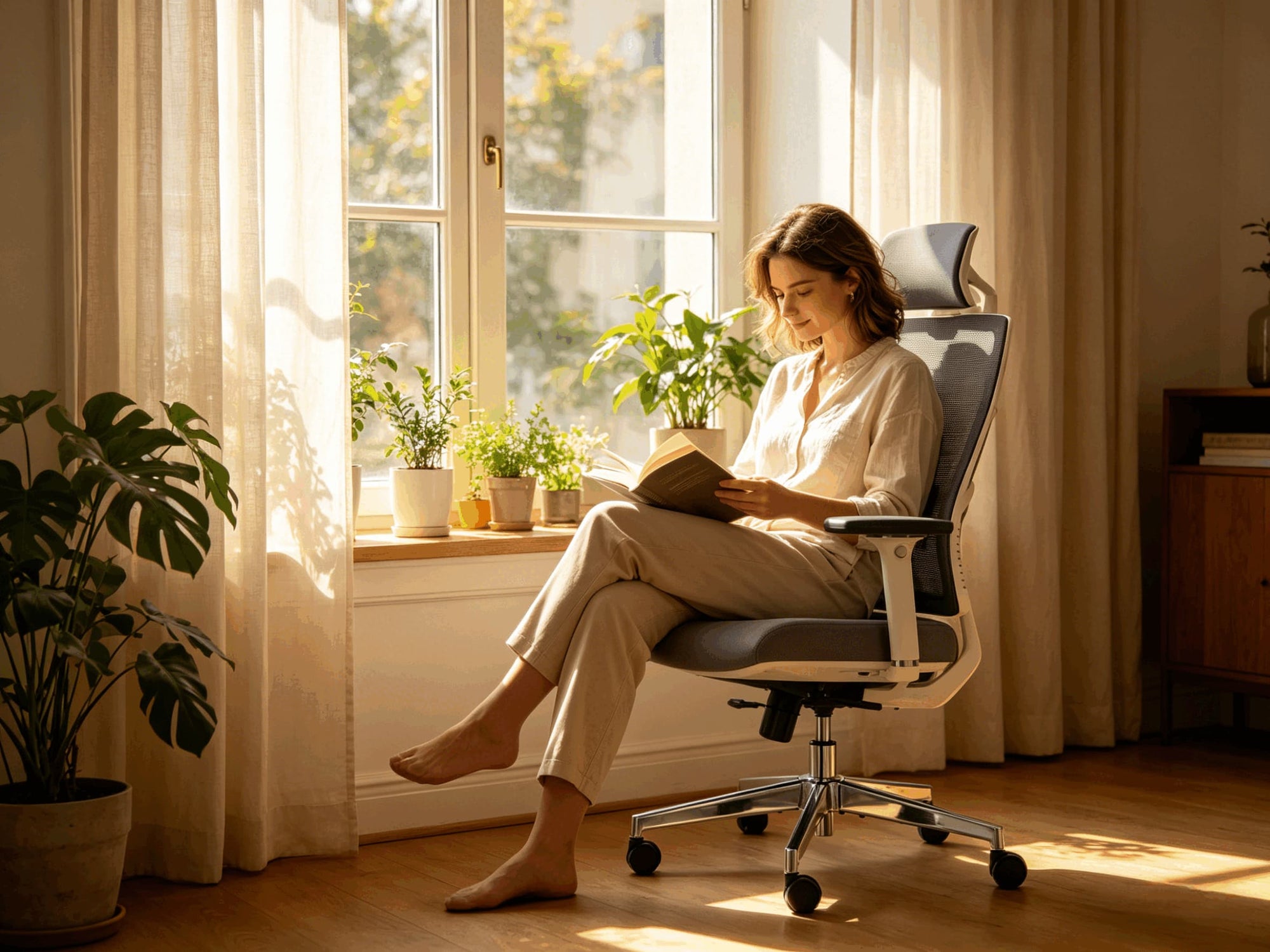 Woman reading book by sunny window in cozy living room seated in HOLLUDLE Shaper white ergonomic chair with plants