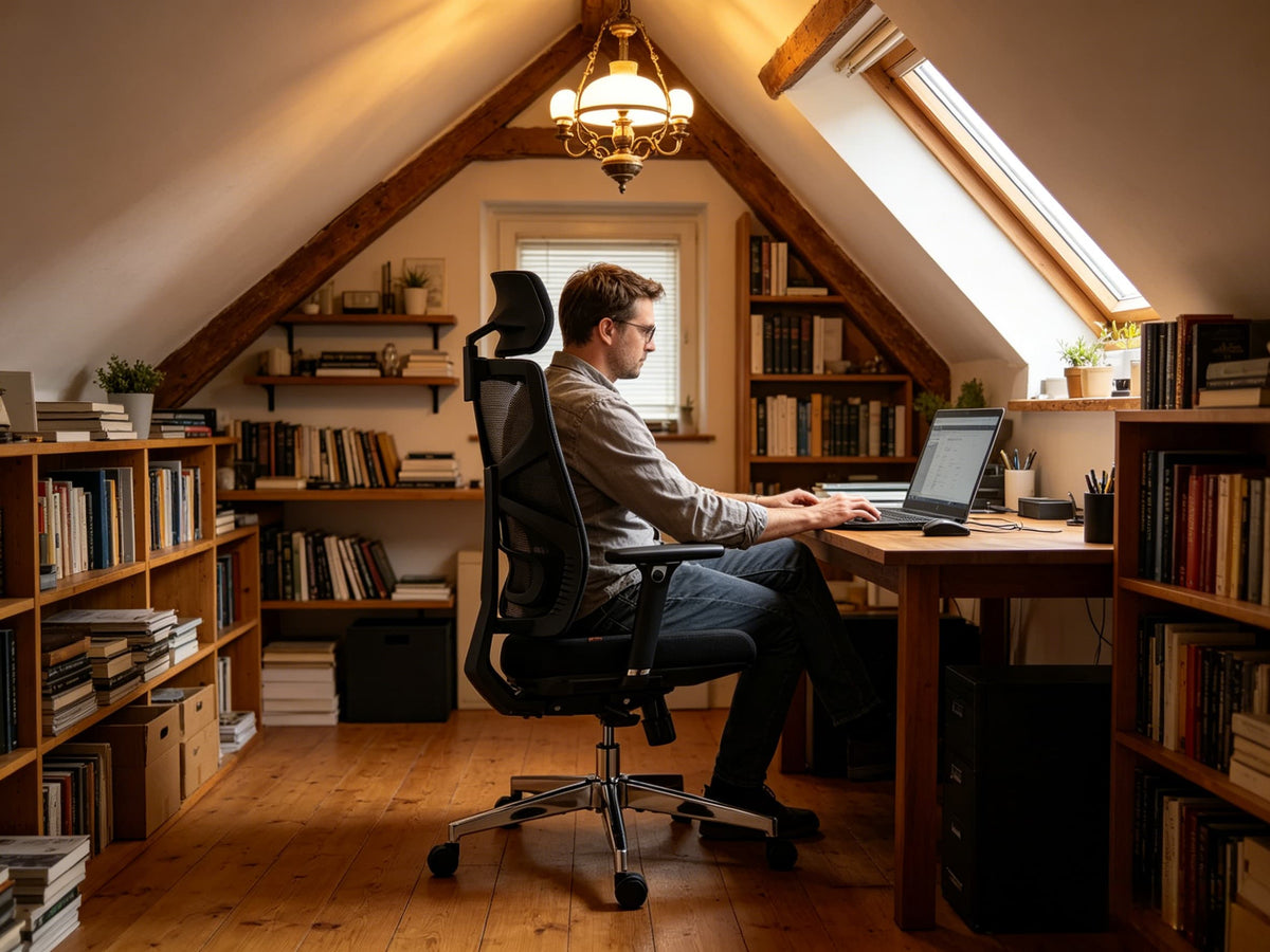 Man working on laptop in cozy attic home office with bookshelves seated in HOLLUDLE Shaper black ergonomic chair