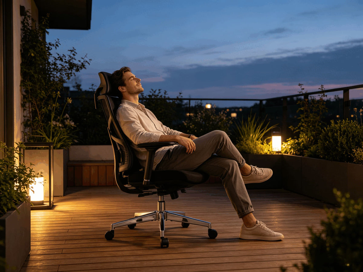 Man relaxing on rooftop terrace at dusk reclining in HOLLUDLE Shaper black ergonomic chair with headrest support