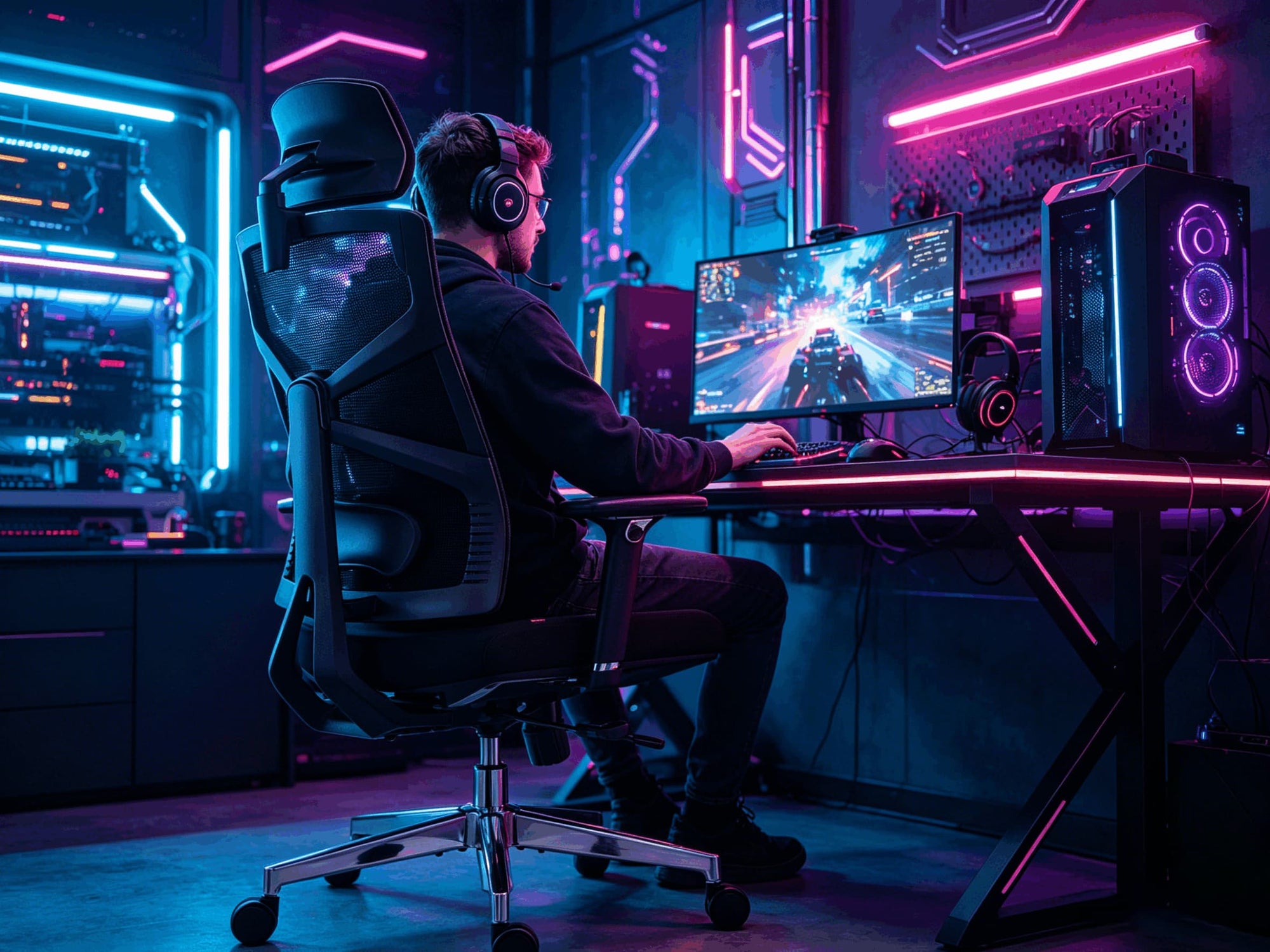 Gamer playing at RGB gaming setup seated in HOLLUDLE Shaper black ergonomic chair with headrest in neon-lit room