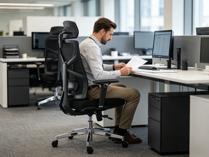Business professional reviewing documents at open-plan office desk seated in HOLLUDLE Shaper black ergonomic chair