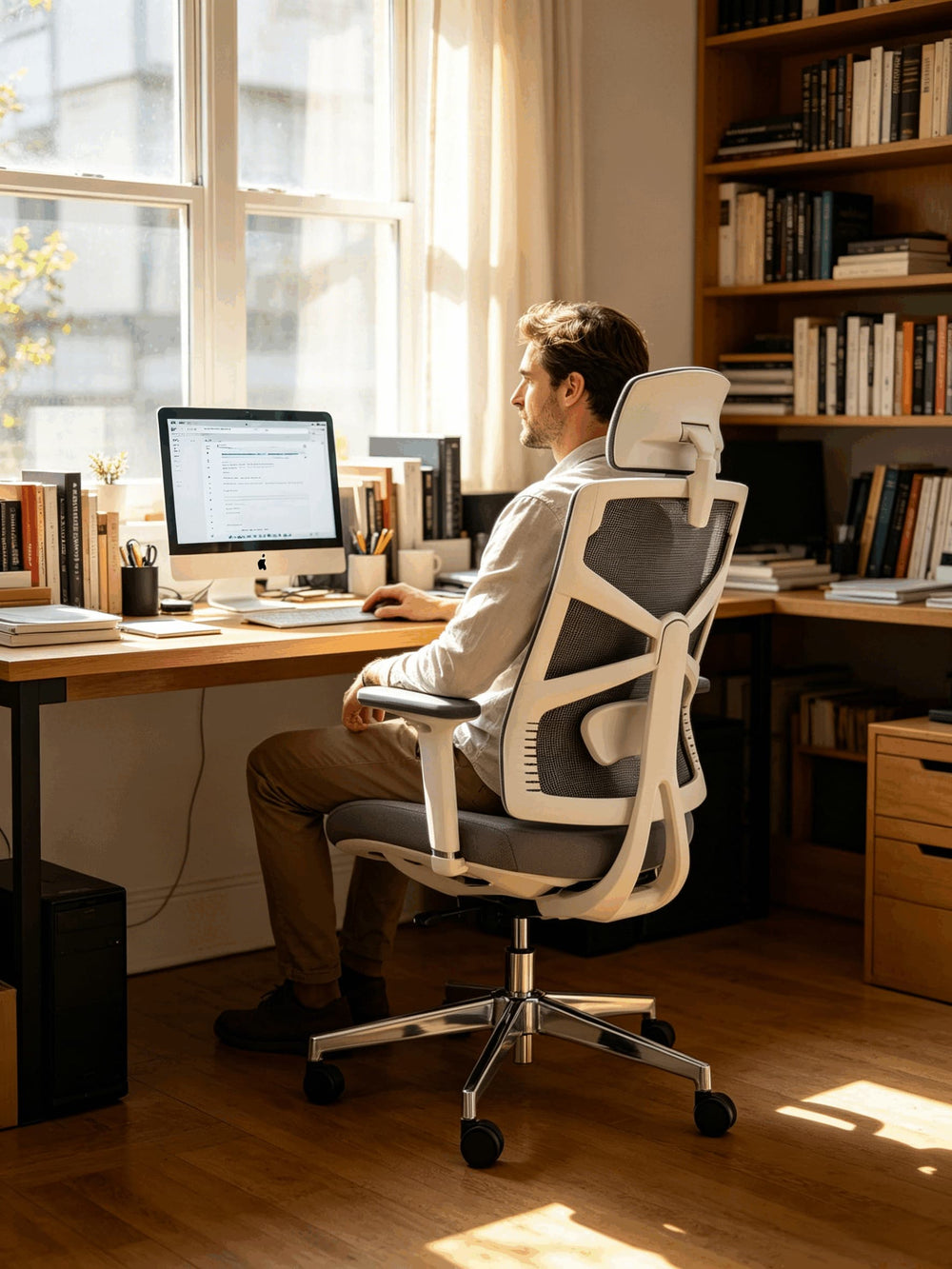 Man working focused at iMac in home library seated in HOLLUDLE Shaper white ergonomic chair showing adaptive backrest detail