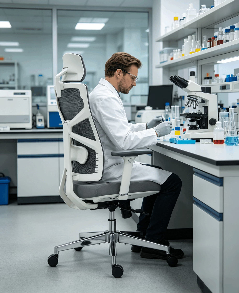 Scientist using microscope in laboratory seated in HOLLUDLE Shaper white ergonomic chair for long precision work sessions