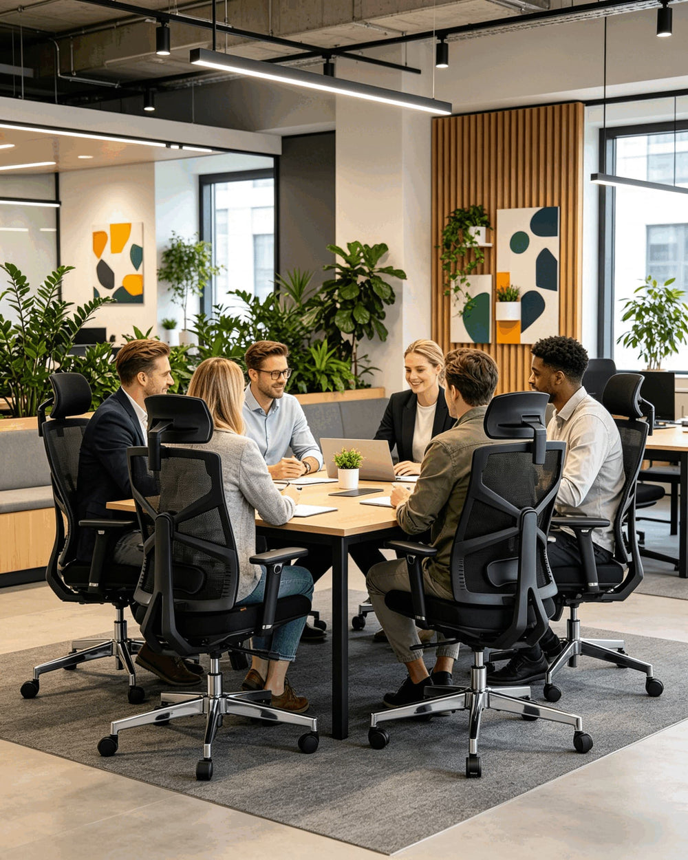 Diverse team collaborating around conference table in modern open office seated in HOLLUDLE Shaper black ergonomic chairs
