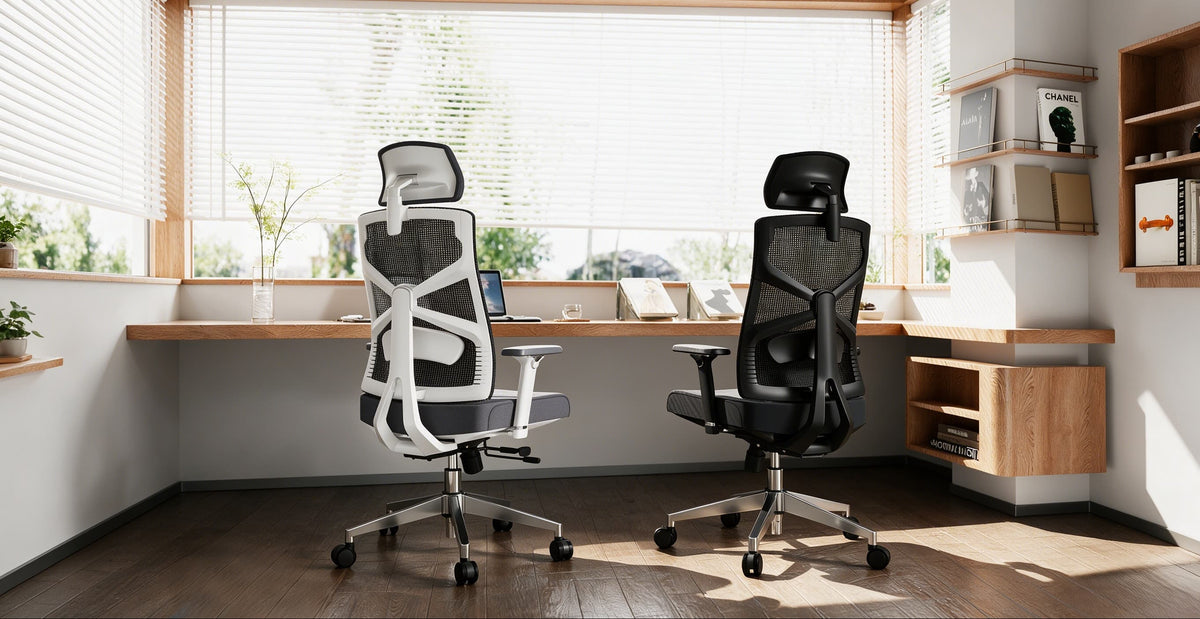 HOLLUDLE Shaper Chair white and black ergonomic office chairs with headrest and 4D armrests in sunny workspace