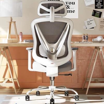 Chaise HOLLUDLE V cadre blanc dossier en V argenté chaise de bureau ergonomique avec appui-tête réglable dans une chambre d'étude moderne pour jeunes avec bureau tréteau