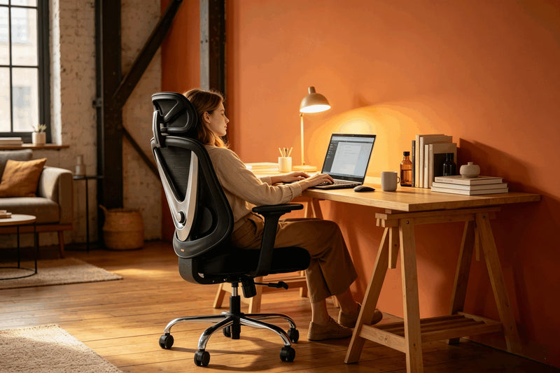 Woman working on laptop in warm industrial loft home office seated in HOLLUDLE V Chair black ergonomic chair with adaptive backrest