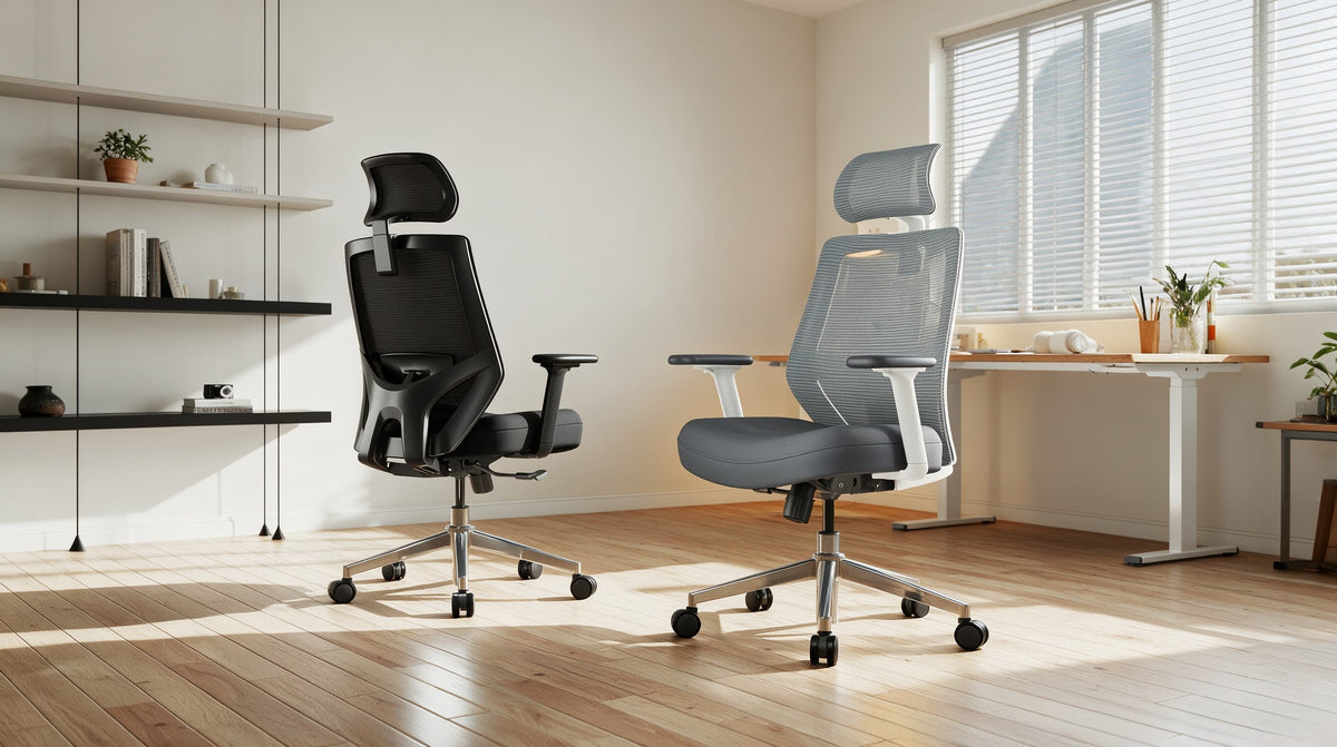 HOLLUDLE Ease ergonomic office chair in black and white colorways displayed in minimalist Scandinavian workspace with natural light