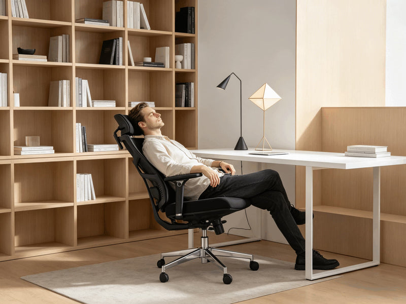 Man fully reclining and resting in HOLLUDLE Shaper black ergonomic chair in minimalist Scandinavian home office
